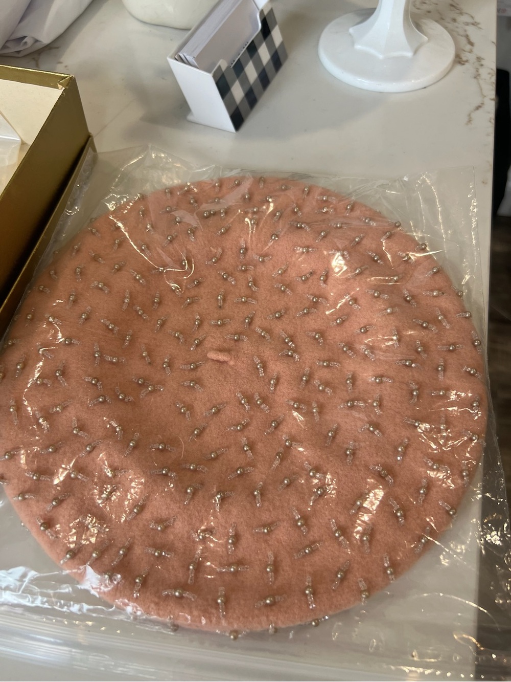 Vintage Embellished Pink Wool Beret with Pearl Accents